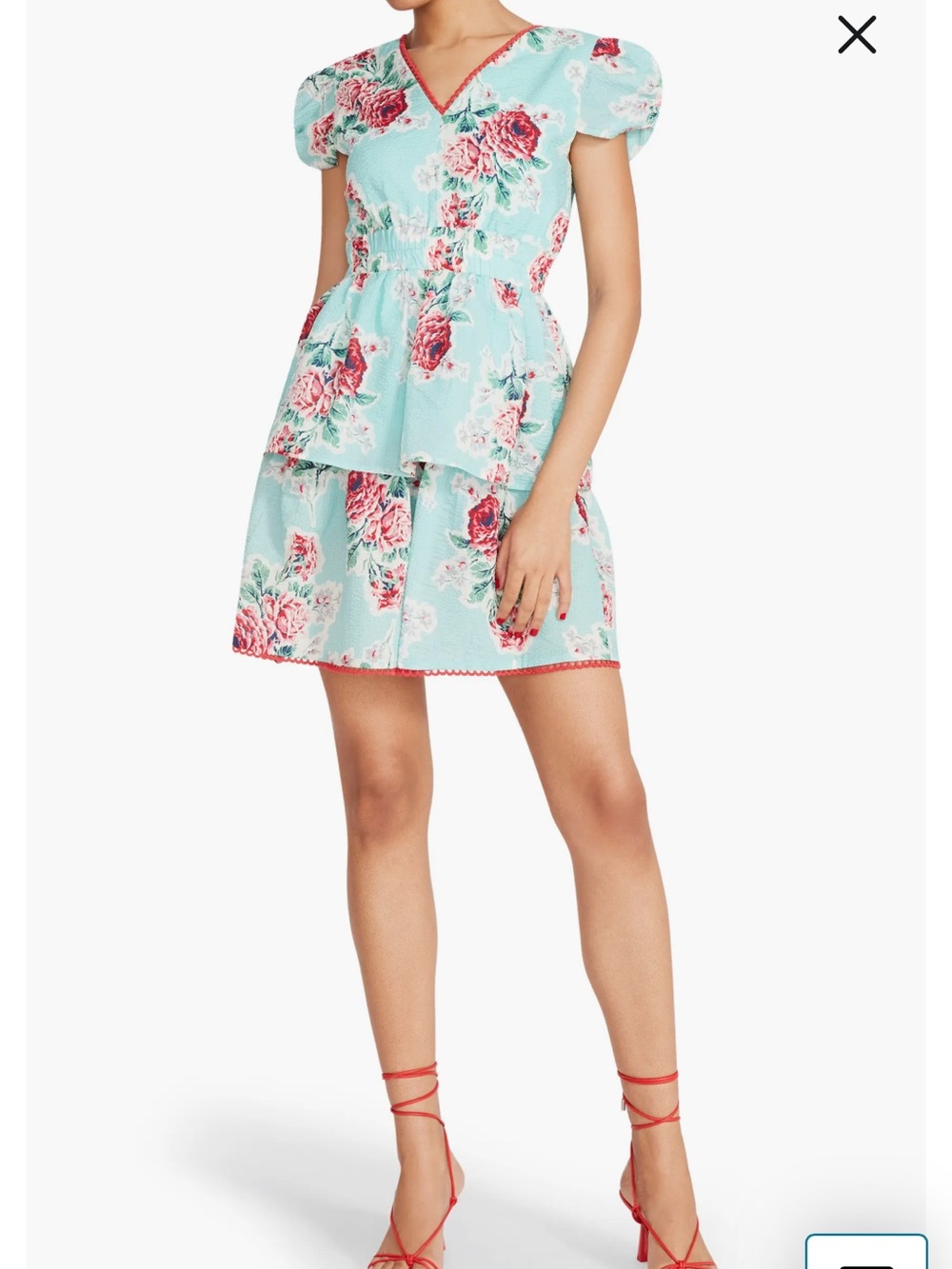BetseyJohnson  seersucker dress. Floral Tiered V‑Back Mini Dress in Aqua